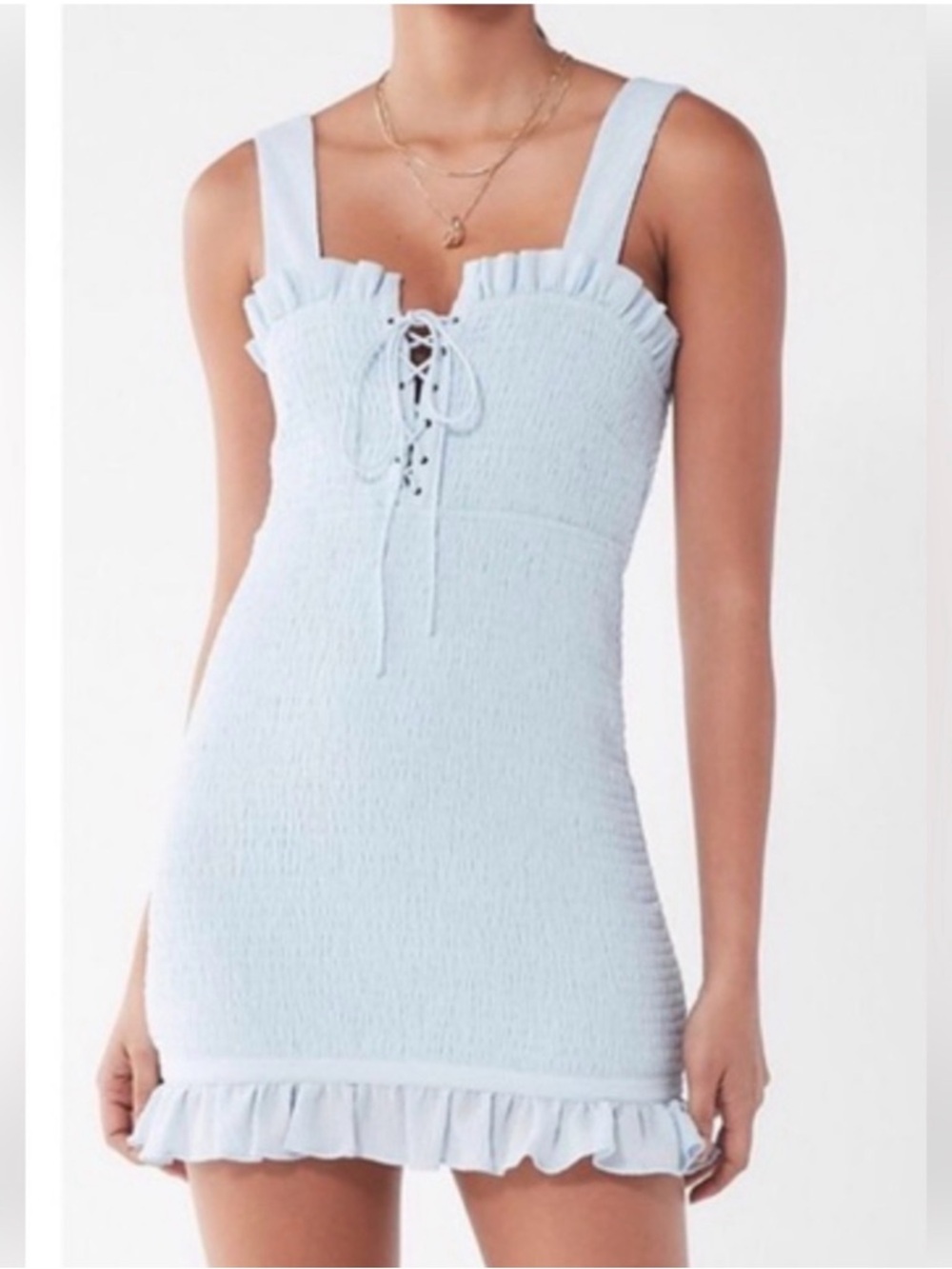 The East Order Light Blue Smocked Lace-Up Ruffle Mini Dress XS